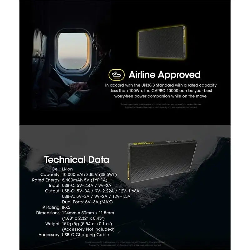 Nitecore CARBO 10000 Power Bank - Portabelt batteri - 10000mAh, 2xUSB Typ A/C, QC 3.0 / PD 20W, 5V, 3A - Kolfiber - Action King