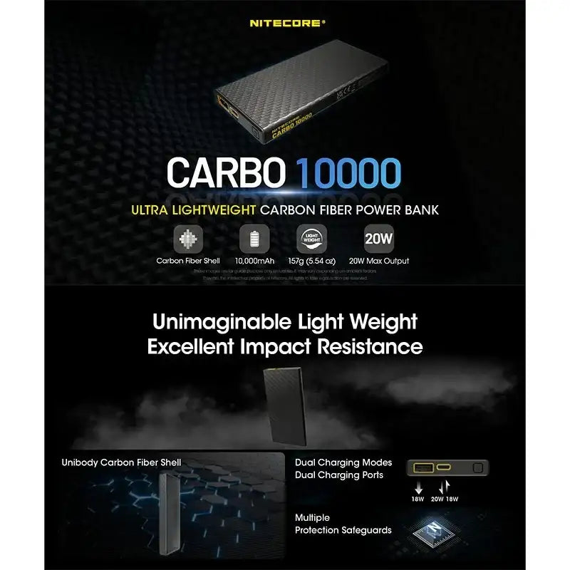 Nitecore CARBO 10000 Power Bank - Portabelt batteri - 10000mAh, 2xUSB Typ A/C, QC 3.0 / PD 20W, 5V, 3A - Kolfiber - Action King
