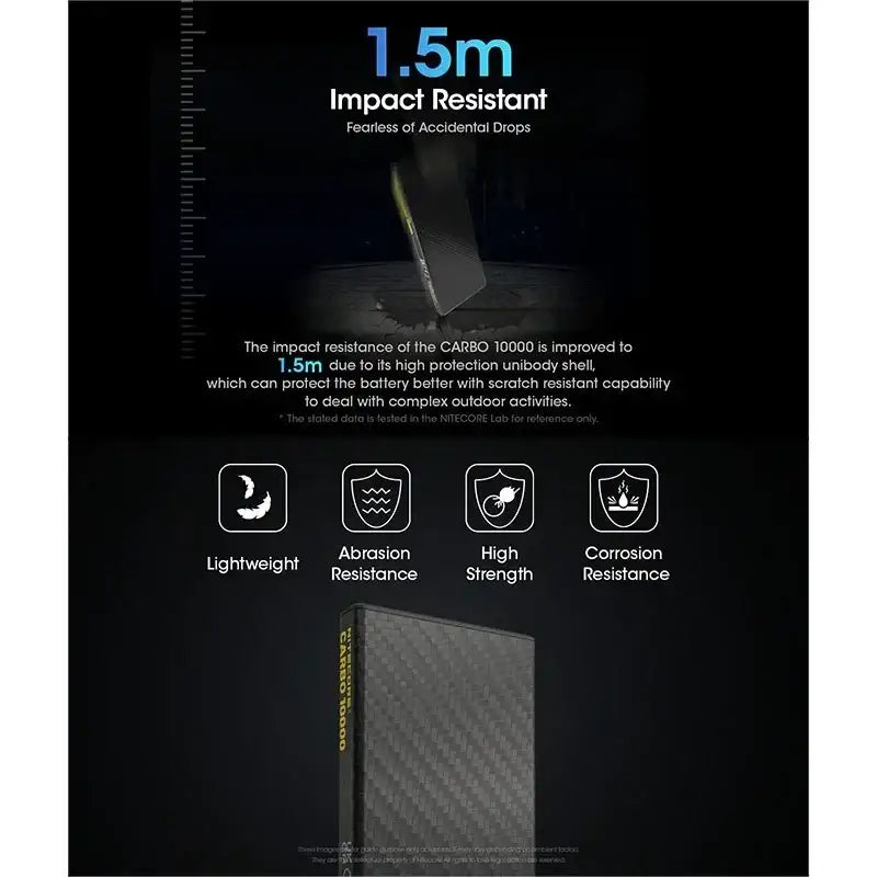 Nitecore CARBO 10000 Power Bank - Portabelt batteri - 10000mAh, 2xUSB Typ A/C, QC 3.0 / PD 20W, 5V, 3A - Kolfiber - Action King