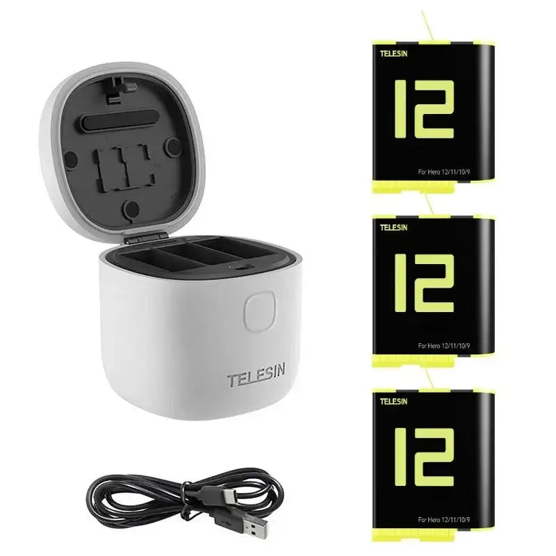 Telesin batterier 3st och allInBox med förvaring för batterier + microSD Läsare - Trippel - för GoPro Hero12/11/10/9 Black - Action King