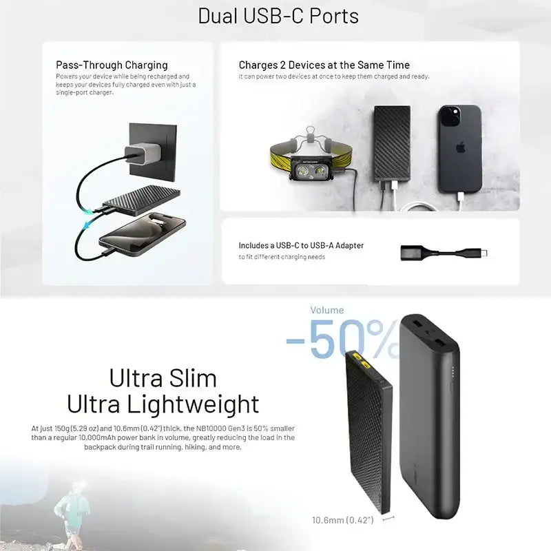 Nitecore NB10000 GEN3 Power bank - 10000mAh - Kolfiber - Action King