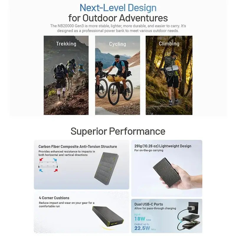 Nitecore NB20000 GEN3 Power bank - 20000mAh, 2xUSB-C, QC 3.0 / PD - Kolfiber - Action King