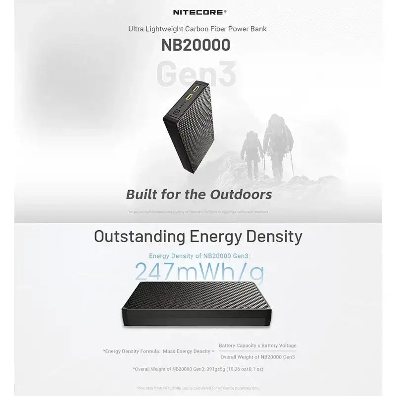 Nitecore NB20000 GEN3 Power bank - 20000mAh, 2xUSB-C, QC 3.0 / PD - Kolfiber - Action King