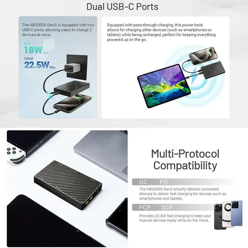Nitecore NB20000 GEN3 Power bank - 20000mAh, 2xUSB-C, QC 3.0 / PD - Kolfiber - Action King