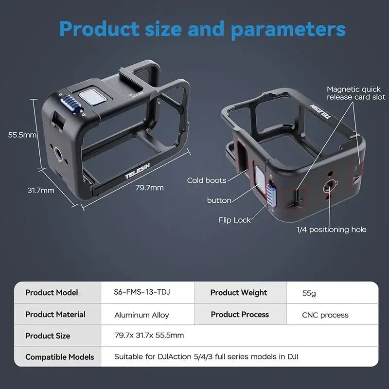 Telesin Skyddsram Multifunktion med cold shoe till DJI Action 5 Pro/4/3 - Aluminium - Action King