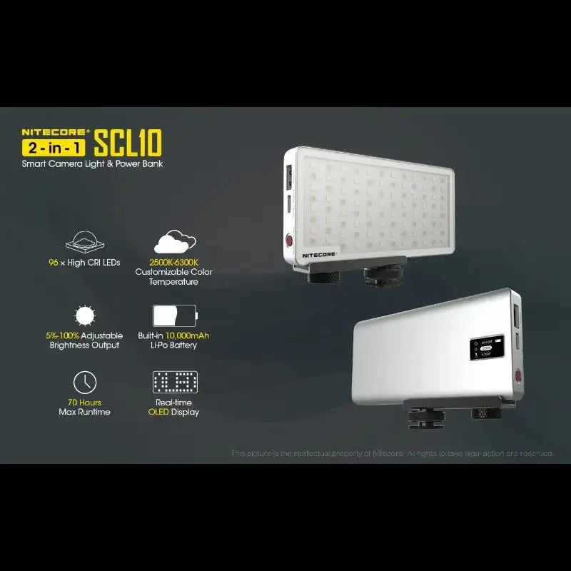 Nitecore SCL10 Smart Camera Light & Power Bank 2-in1- LED-Belysning & Portabelt batteri - 10000mAh, QC 3.0 / PD 18W - Action King