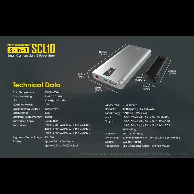 Nitecore SCL10 Smart Camera Light & Power Bank 2-in1- LED-Belysning & Portabelt batteri - 10000mAh, QC 3.0 / PD 18W - Action King
