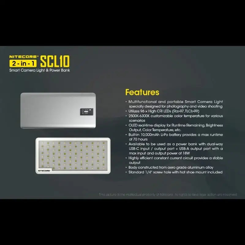 Nitecore SCL10 Smart Camera Light & Power Bank 2-in1- LED-Belysning & Portabelt batteri - 10000mAh, QC 3.0 / PD 18W - Action King