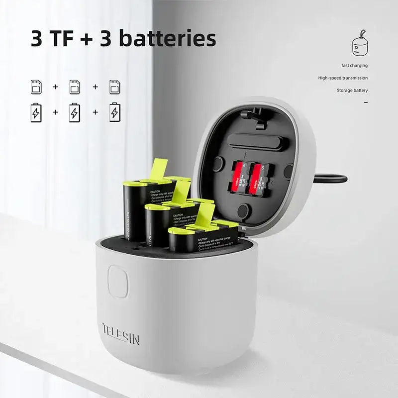 Telesin batterier 3st och allInBox med förvaring för batterier + microSD Läsare - Trippel - för GoPro Hero12/11/10/9 Black - Action King