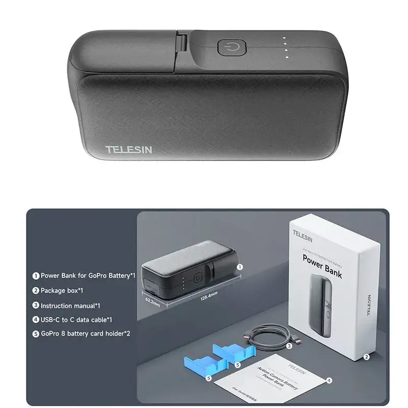 Telesin GoPro Multi-Batteriladdare och Powerbank 10000mAh med förvaring batterier - Dubbel - för GoPro Hero12/11/10/9/8/7/6/5 - Action King