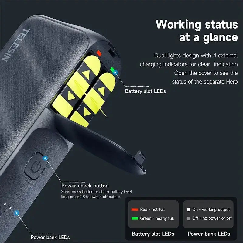 Telesin GoPro Multi-Batteriladdare och Powerbank 10000mAh med förvaring batterier - Dubbel - för GoPro Hero12/11/10/9/8/7/6/5 - Action King
