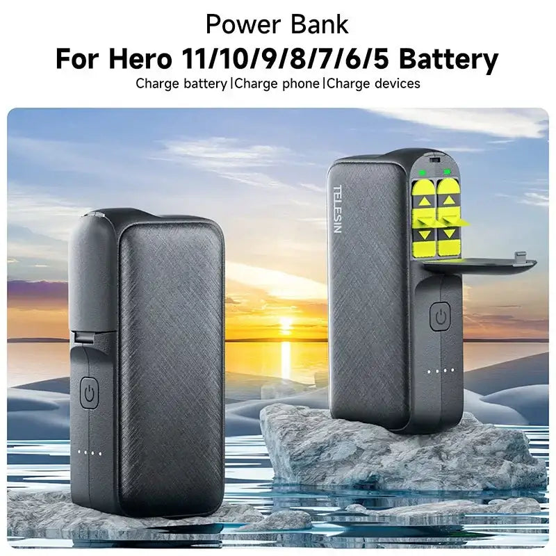 Telesin GoPro Multi-Batteriladdare och Powerbank 10000mAh med förvaring batterier - Dubbel - för GoPro Hero12/11/10/9/8/7/6/5 - Action King