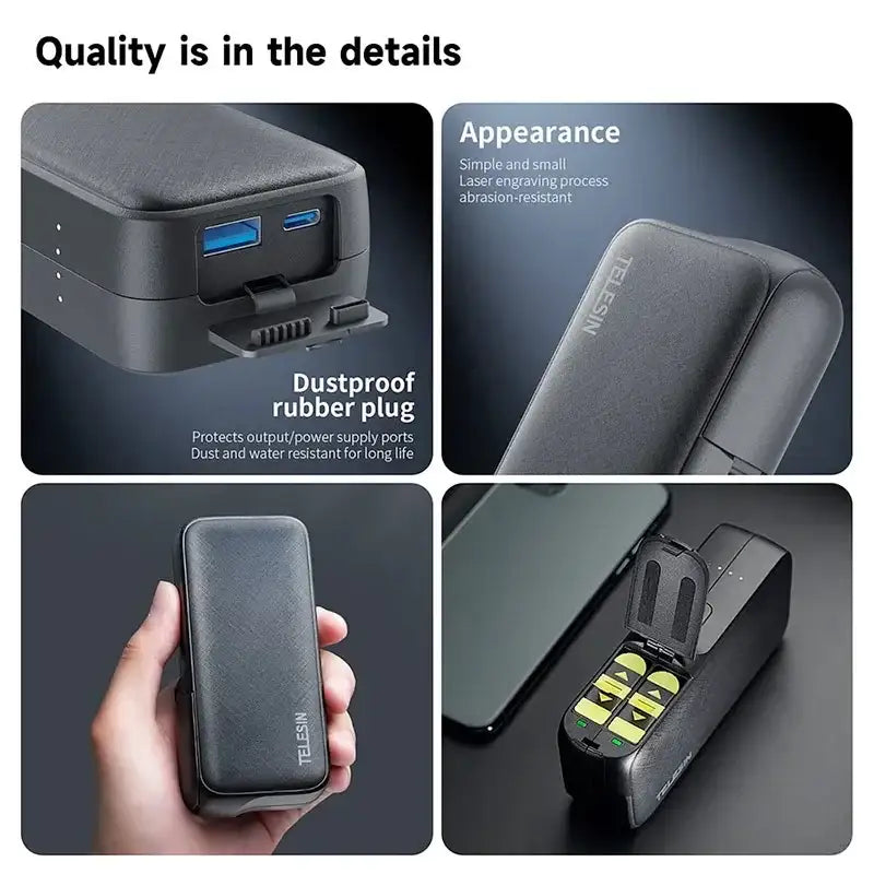Telesin GoPro Multi-Batteriladdare och Powerbank 10000mAh med förvaring batterier - Dubbel - för GoPro Hero12/11/10/9/8/7/6/5 - Action King