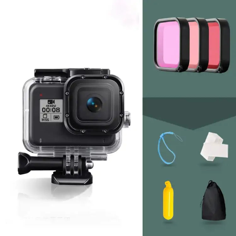 For GoPro HERO8 Black 45m Waterproof Housing Protective Case with Buckle Basic Mount & Screw & (Purple, Red, Pink) Filters & Floating Bobber Grip & Strap & Anti-Fog Inserts - Action King