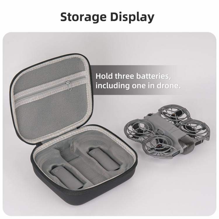 Svart förvaringsväska för DJI Neo 2 Drönare, med plats för tillbehör. Skyddar drönaren från skador.