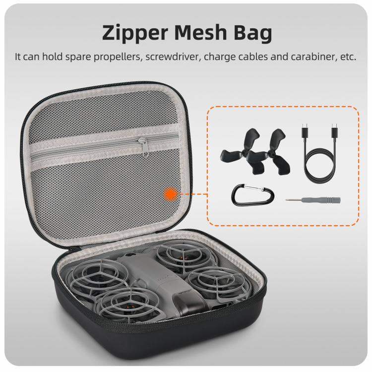 Svart förvaringsväska till DJI Neo 2 Drönare, med dragkedja och handtag, skyddar mot stötar och repor.