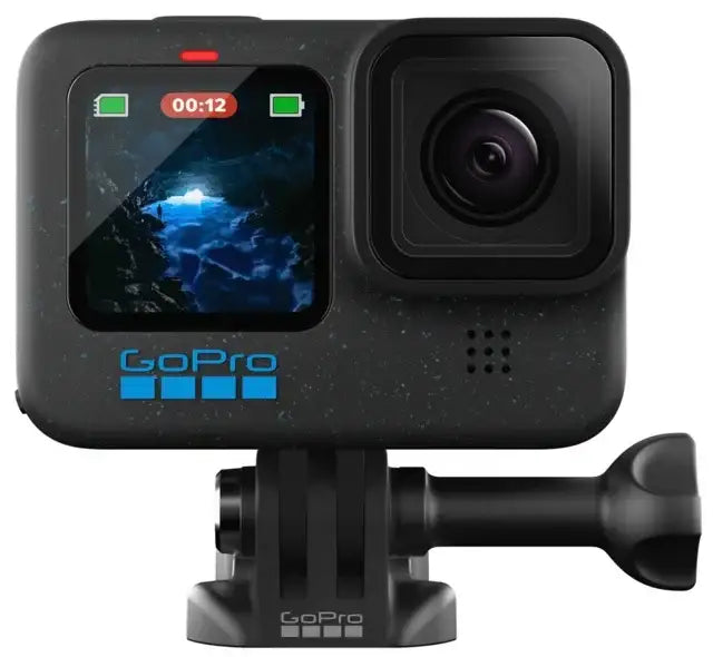 GoPro Hero12 Black actionkamera med skärm visar grottmiljö, monterad på fäste