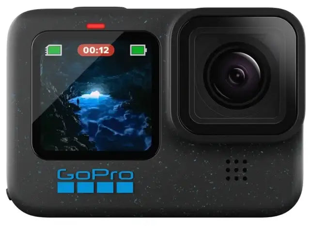 GoPro Hero12 Black actionkamera med skärm som visar grottbild och videoinspelningstid