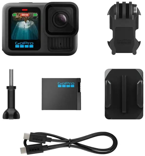 GoPro Hero 13 Black actionkamera med tillbehör inklusive batteri, fäste, skruv och USB-C-kabel