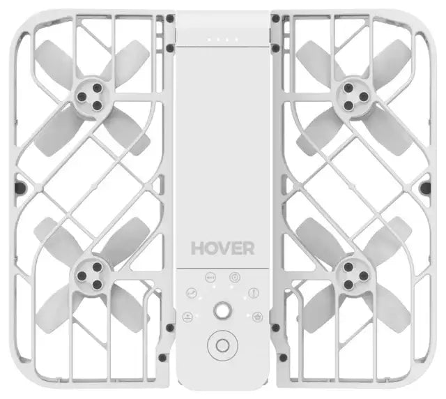 Vit Hover Air X1 Combo drönare med fyra propellrar och kontroller, top-down vy