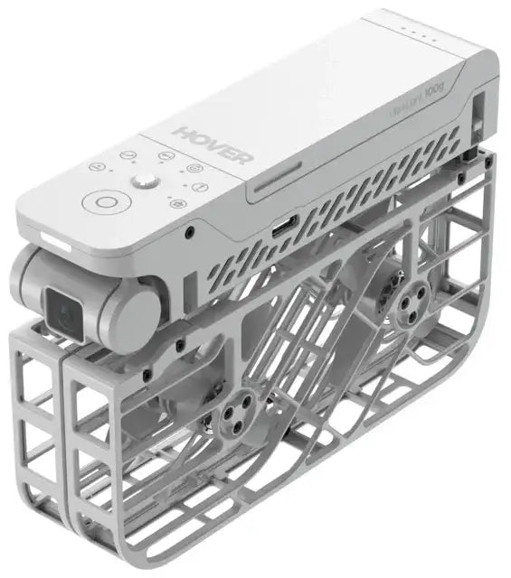 Vit HoverAir X1 drönare med skyddande ram och HD-kamera, modern design och kompakta kontroller