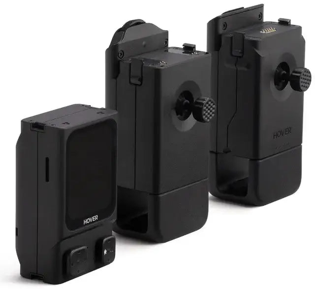 Svart Hover Air Beacon och Joystick-set med två joysticks och en Beacon-enhet på vit bakgrund