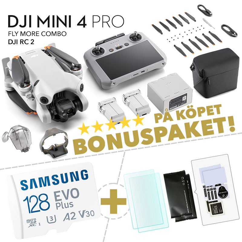 Bonuspaket med din DJI Mini 4 (+ Fly More Combo) + DJI RC 2 värde över 600kr